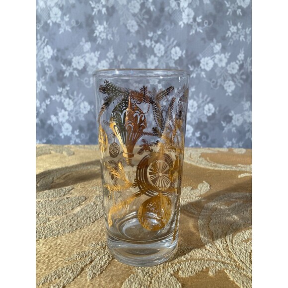 Vintage 50s Christmas Tumblers 1950s Gold & Clear Holiday Drinking Glasses Bar - Picture 3 of 5